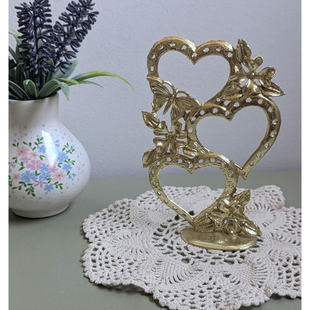 Vintage Torino Triple Heart Earring Holder Gold Tone Butterfly Floral Stand